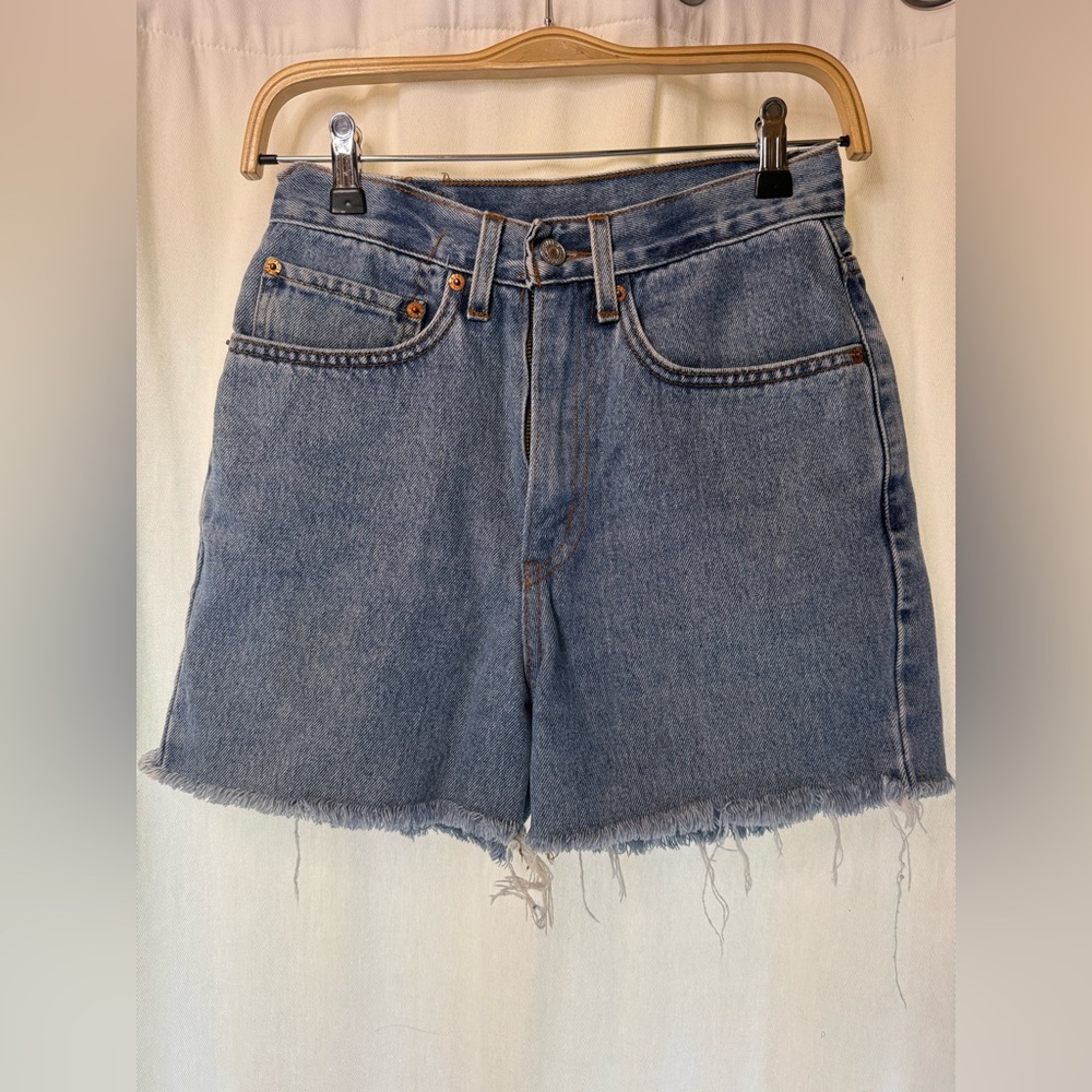 Levi's Medium Blue High-Rise Frayed Hem Jean Shorts